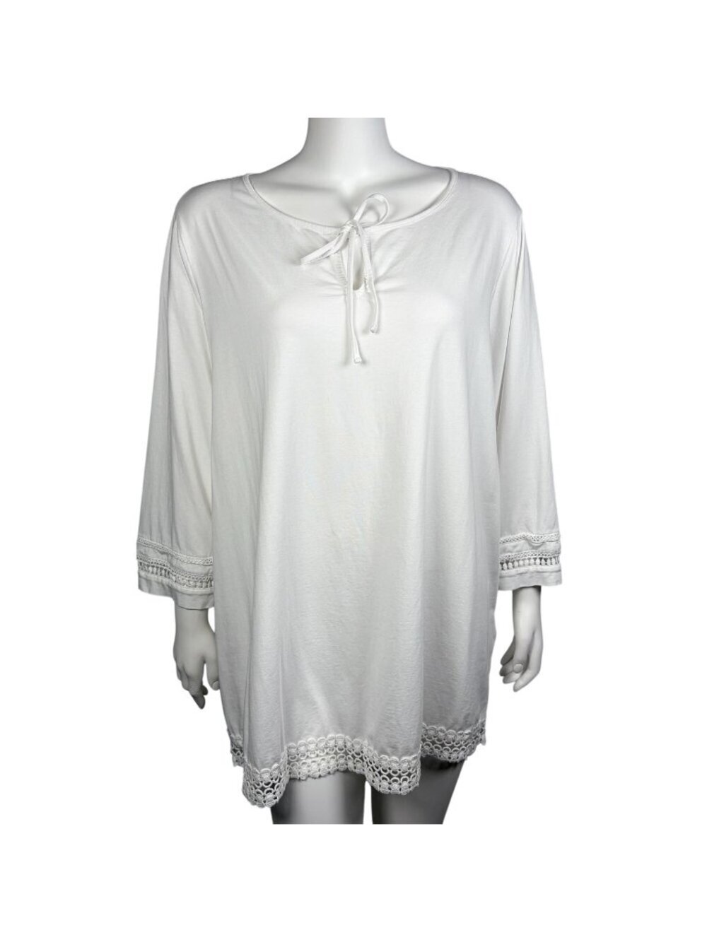 Lands' End Tunic Shirt Top Womens Size 2X White Lace Trim 3/4 Sleeves Pullover